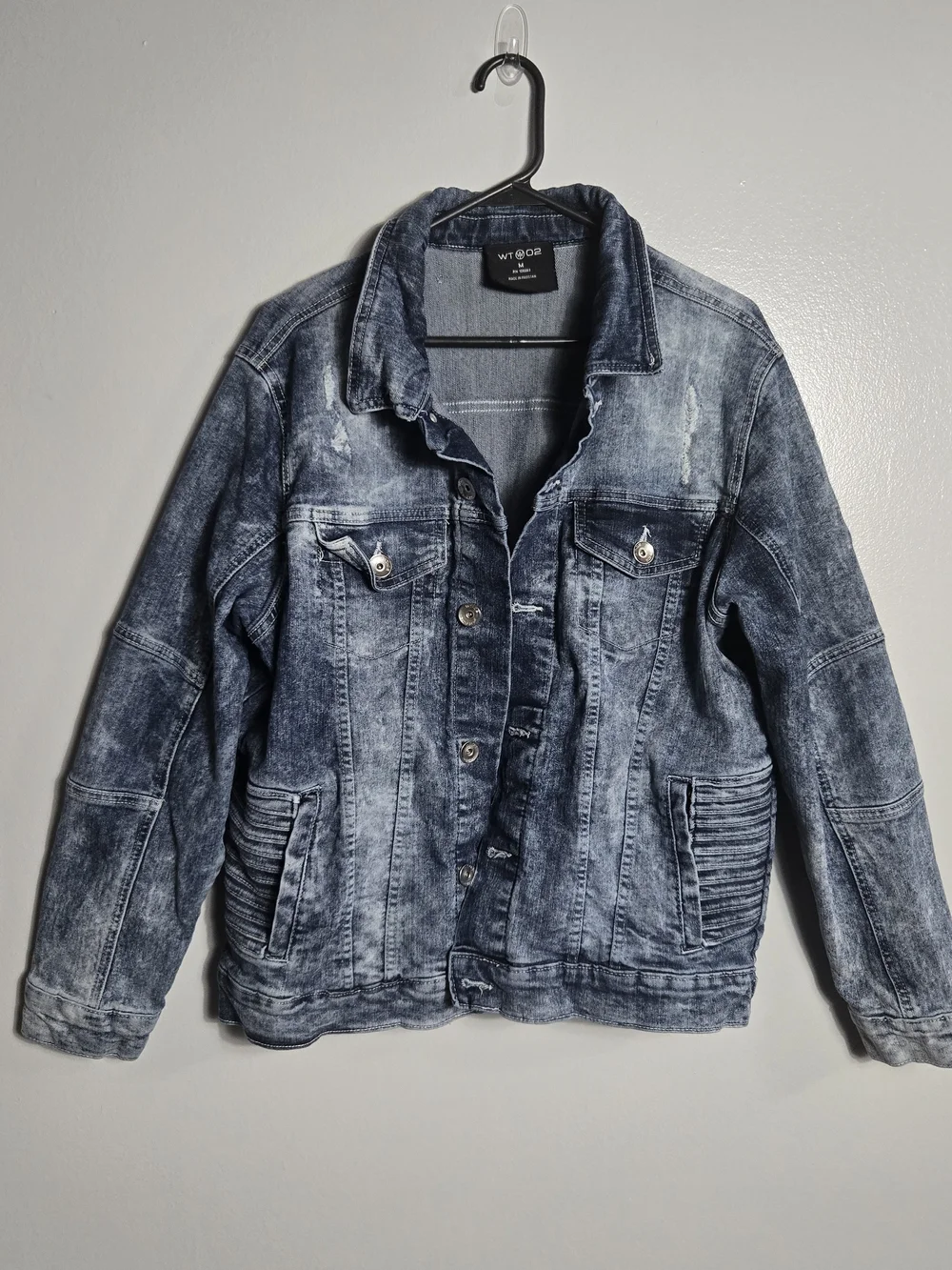 WT02 Mens Medium Acid Wash Distressed Moto Denim Trucker Jacket Ribbed Biker Top